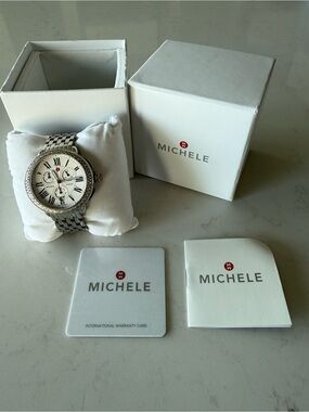 Michele Silver Stainless Steel Serein Chronograph Watch with White Dial 36mm
